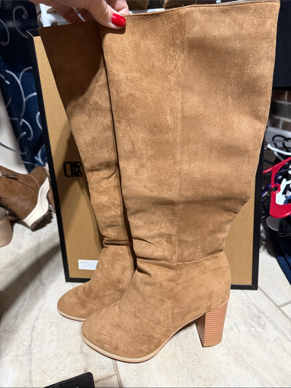 Suede Mid-Calf Block Heel Boots in Cognac